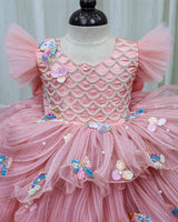 Cotton Candy Frill Sleeve Gown with Fabric Manipulation and Rainbow Unicorn Patches