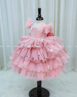 Cotton Candy Frill Sleeve Gown with Fabric Manipulation and Rainbow Unicorn Patches