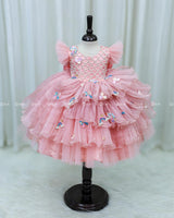 Cotton Candy Frill Sleeve Gown with Fabric Manipulation and Rainbow Unicorn Patches