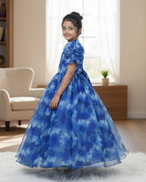 Navy Blue & Sky Blue Floral Printed Organza Gown