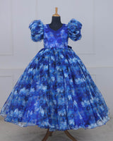 Navy Blue & Sky Blue Floral Printed Organza Gown
