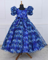 Navy Blue & Sky Blue Floral Printed Organza Gown