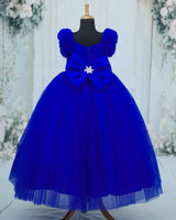 Net Frill-Sleeve Fit & Flare Snow Full-Length Gown with Detachable Bow - Royal Blue (New)