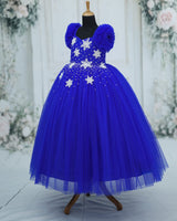 Net Frill-Sleeve Fit & Flare Snow Full-Length Gown with Detachable Bow - Royal Blue (New)