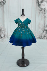 Satin Short-Sleeve Ombre Leaf & Flower Embroidered Full-Length Gown - Emerald Green & Royal Blue(New)
