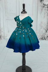 Satin Short-Sleeve Ombre Leaf & Flower Embroidered Full-Length Gown - Emerald Green & Royal Blue(New)