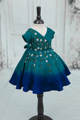 Satin Short-Sleeve Ombre Leaf & Flower Embroidered Full-Length Gown - Emerald Green & Royal Blue(New)