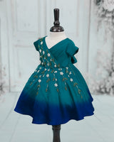 Satin Short-Sleeve Ombre Leaf & Flower Embroidered Full-Length Gown - Emerald Green & Royal Blue(New)