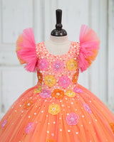 Net Frill Sleeve 3D Hand Crafted Flower Appliques Floral Full Gown - Peach Bud (New)