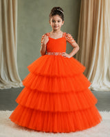 Net Sleeveless Beaded-Shoulder Layered Princess Full-Length Gown - Deep Orange (New)
