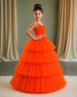 Net Sleeveless Beaded-Shoulder Layered Princess Full-Length Gown - Deep Orange (New)