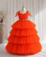 Net Sleeveless Beaded-Shoulder Layered Princess Full-Length Gown - Deep Orange (New)