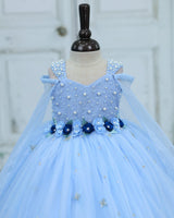 Organza Cap Sleeve Detachable Back Trail Snow Theme Full Length Gown -Sky Blue(New)