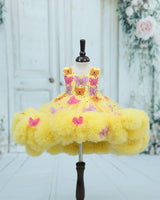 Net Sleeveless 3D Hand Crafted Butterfly Appliques Full Gown - Yellow(New)(Bestseller)