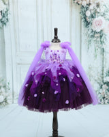 Lavender with purple color gradient asymmetrical layered gown with Sleeve Trails And Castle Print Yoke (New)