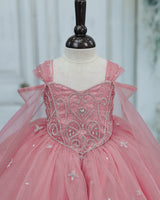 Net Cap Sleeve Detachable Back Trail Snow Theme Full Length Gown - Pale Rose(New)