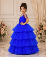 Net Sleeveless Beaded-Shoulder Layered Princess Full-Length Gown - Royal Blue(New)(Bestseller)