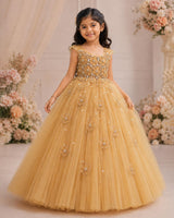 Net Cap Sleeve 3D Hand Crafted Flower Appliques Floral Full Gown - Dark Beige(New)(Bestseller)