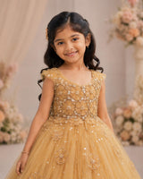 Net Cap Sleeve 3D Hand Crafted Flower Appliques Floral Full Gown - Dark Beige(New)(Bestseller)