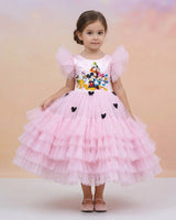 Net Sleeveless Frilled & Layered Mickey Mouse Theme Calf-Length Gown - Baby Pink (New)