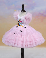 Net Sleeveless Frilled & Layered Mickey Mouse Theme Calf-Length Gown - Baby Pink (New)