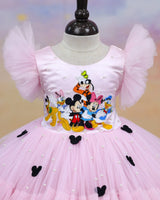 Net Sleeveless Frilled & Layered Mickey Mouse Theme Calf-Length Gown - Baby Pink (New)