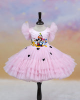 Net Sleeveless Frilled & Layered Mickey Mouse Theme Calf-Length Gown - Baby Pink (New)