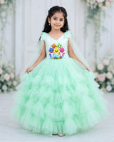 Net Sleeveless with Bow Frill & Layered Aquamarine Theme Full Length Gown - Powder Blue (New)