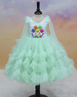 Net Sleeveless with Bow Frill & Layered Aquamarine Theme Full Length Gown - Powder Blue (New)
