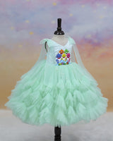 Net Sleeveless with Bow Frill & Layered Aquamarine Theme Full Length Gown - Powder Blue (New)