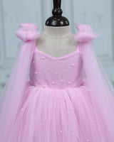 Net Sleeveless with Bow & Trail Fit & Flare Bead & Stone Work Full Length Gown - Cherry Blossom(New)