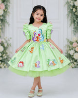 Satin Mutton-Sleeve Animal/Bird-Themed Knee-Length Gown - Pastel Green