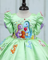Satin Mutton-Sleeve Animal/Bird-Themed Knee-Length Gown - Pastel Green (New)