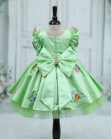 Satin Mutton-Sleeve Animal/Bird-Themed Knee-Length Gown - Pastel Green (New)