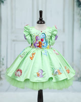 Satin Mutton-Sleeve Animal/Bird-Themed Knee-Length Gown - Pastel Green (New)