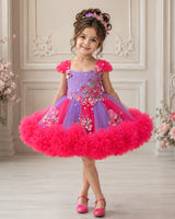 Net Sleeveless 3D Hand-Crafted Flower Appliqué Floral Knee-Length Gown - Dark Neon Pink and Lavender(New)