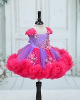 Net Sleeveless 3D Hand-Crafted Flower Appliqué Floral Knee-Length Gown - Dark Neon Pink and Lavender(New)