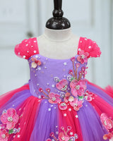 Net Sleeveless 3D Hand-Crafted Flower Appliqué Floral Knee-Length Gown - Dark Neon Pink and Lavender(New)