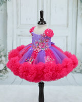 Net Sleeveless 3D Hand-Crafted Flower Appliqué Floral Knee-Length Gown - Dark Neon Pink and Lavender(New)