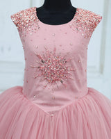 Net Sleeveless Bead, Stone & Sequin Yoke Full-Length Gown - Dusty Rose(New)