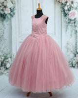 Net Sleeveless Bead, Stone & Sequin Yoke Full-Length Gown - Dusty Rose(New)