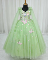 Net Sleeveless Floral Appliqué Butterfly Full-Length Gown for Girl in Gleem Green (New)