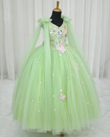 Net Sleeveless Floral Appliqué Butterfly Full-Length Gown for Girl in Gleem Green (New)