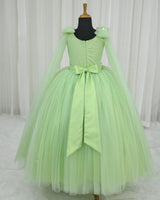 Net Sleeveless Floral Appliqué Butterfly Full-Length Gown for Girl in Gleem Green (New)