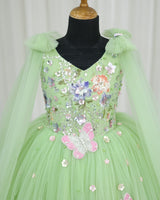 Net Sleeveless Floral Appliqué Butterfly Full-Length Gown for Girl in Gleem Green (New)