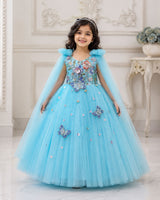 Net Bow sleeve With Trails Floral Appliqué Garden Butterfly & Floral Full-Length Gown - Baby Blue (New)