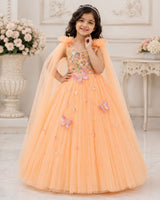 Net Bow sleeve With Trails Floral Appliqué Garden Butterfly & Floral Full-Length Gown - Pale Orange (New)