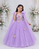 Net Bow sleeve With Trails Floral Appliqué Garden Butterfly & Floral Full-Length Gown - Lavender (New)