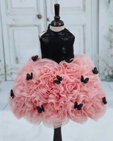 Black & Light Peach Net Umbrella Gown with Floral and Halter Neck for Girls