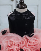 Black & Light Peach Net Umbrella Gown with Floral and Halter Neck for Girls